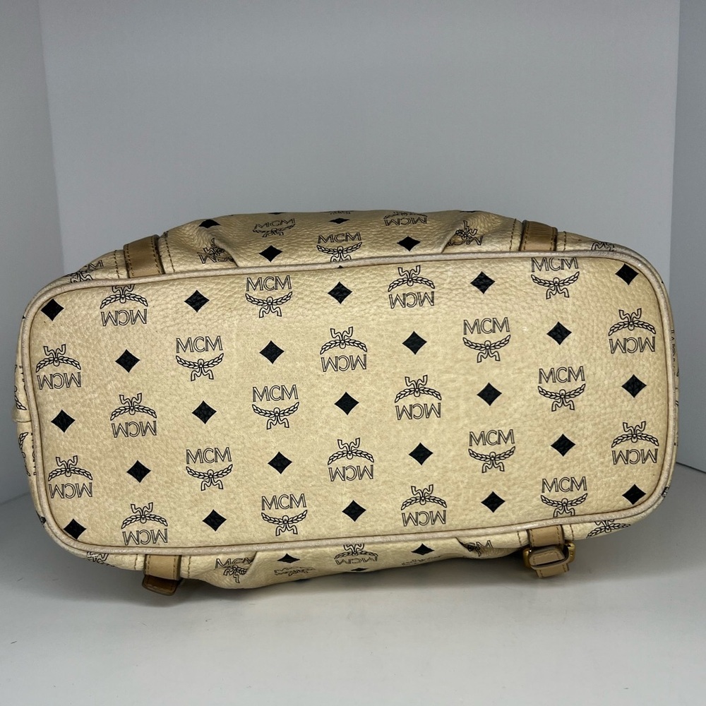 MCM Visetos Ivory Medium Shoulder Bag Logo Print Leather Trim Zip Top Designer - Picture 4 of 12